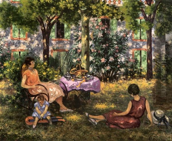 Mere Et Deux Enfants Dans Un Jardin A St Tropez Oil Painting by Auguste Pegurier