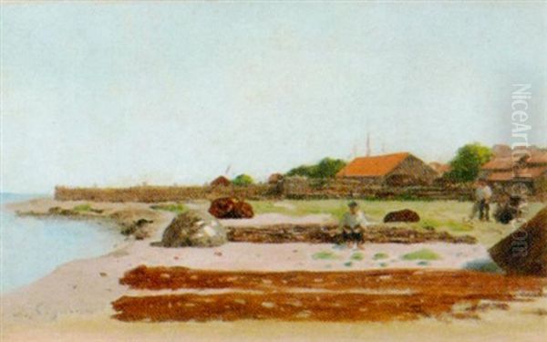 Strandpartie Mit Fischern Beim Trocknen Ihrer Netze Oil Painting by Auguste Pegurier