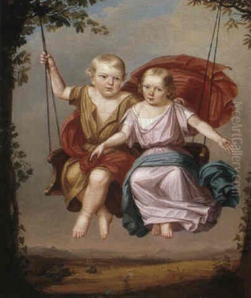 Two Children On A Swing Oil Painting by Georg Pein