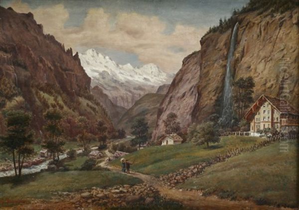 Tal In Der Schweiz Mit Wasserfall Und Blick Auf Das Mont Blanc Massiv Oil Painting by Friedrich Eugen Peipers