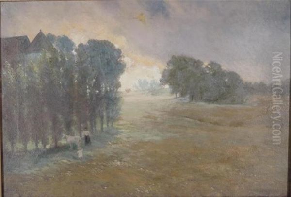 A Landscape With Mother, Daughter And White Cow Oil Painting by H. Winthrop Peirce