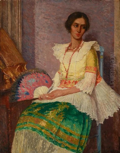 Portrait Of A Young Woman With A Fan Oil Painting by Ernest Clifford Peixotto