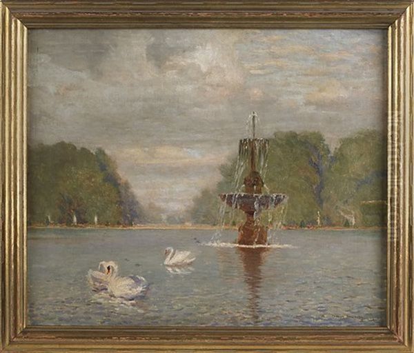 Landscape With Swans And A Fountain Oil Painting by Ernest Clifford Peixotto