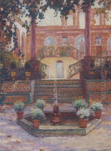 A Courtyard With A Fountain And Flowers, Portugal Oil Painting by Ernest Clifford Peixotto