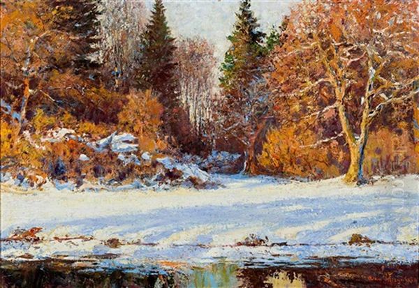 Winterlandschaft Mit Blick Uber Lichtung Auf Wald Oil Painting by Adam Pelczynski