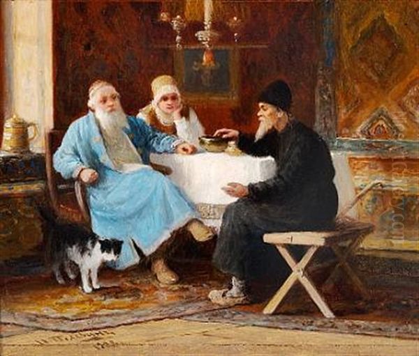 Figures Sitting At A Table Oil Painting by Ivan Andreievich Pelevin