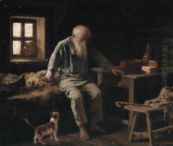 Old Man And His Cat Oil Painting by Ivan Andreievich Pelevin