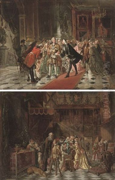 The Court Of The Young Louis Iii (+ A Palace Interior With A Courtier Giving A Petition; Pair) Oil Painting by Louis Antonin Victor Pellegrin