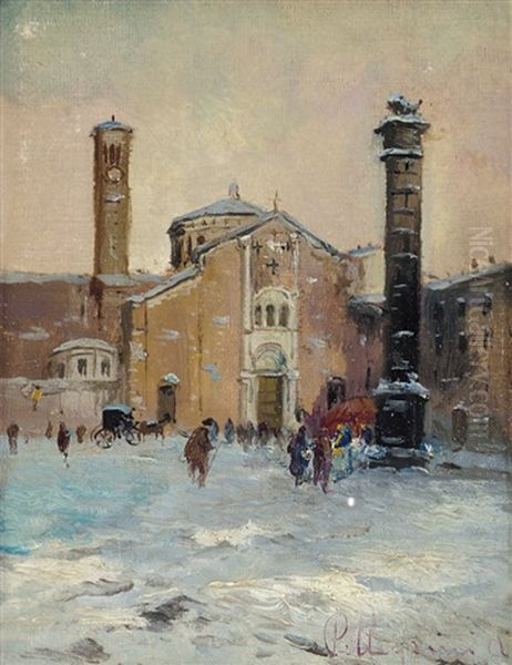 Vecchia Milano, Piazza S. Babila Con Neve Oil Painting by Antonio Pellegrini