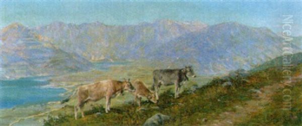 Weidende Kuhe In Schweizer Gebirgslandschaft Oil Painting by Carlo Pellegrini