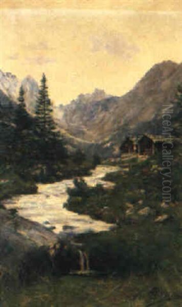 Alpenlandschaft Mit Gebirgsbach Und Chalets Oil Painting by Carlo Pellegrini