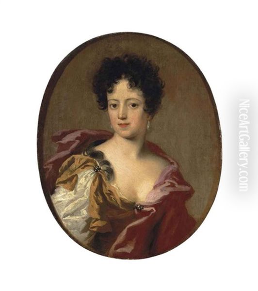 Portrait Of A Woman, Half-length, In A Yellow Dress And Red Wrap, With Pearl Earrings by Giovanni Antonio Pellegrini