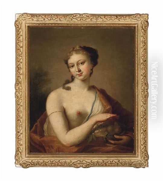 Portrait Of A Lady As Summer, Bust-length, Wearing An Orange Robe Over One Shoulder, Holding A Basket Of Fruit Oil Painting by Giovanni Antonio Pellegrini