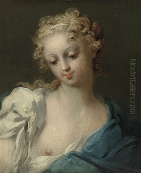 Lady En Deshabille In A White Chemise And Blue Wrap (sketch) Oil Painting by Giovanni Antonio Pellegrini