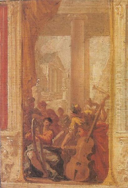 Musicians With A Collonade With Classical Buildings Beyond Oil Painting by Giovanni Antonio Pellegrini