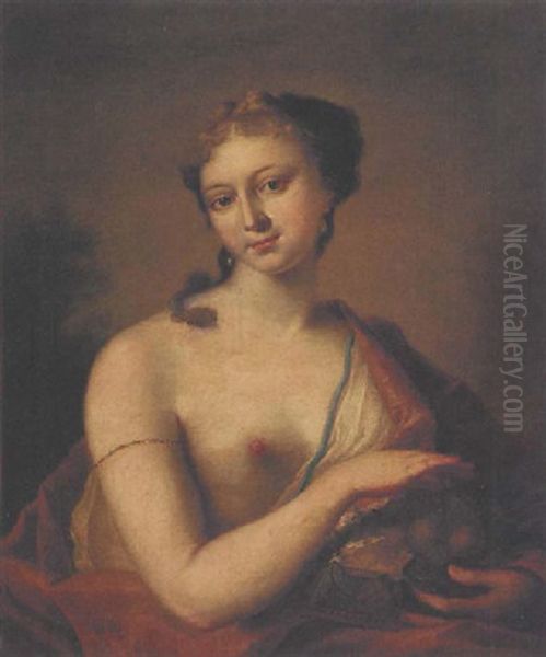 Portrait Of A Lady, As Summer, Wearing An Orange Robe Over One Shoulder And Holding A Basket Of Fruit Oil Painting by Giovanni Antonio Pellegrini