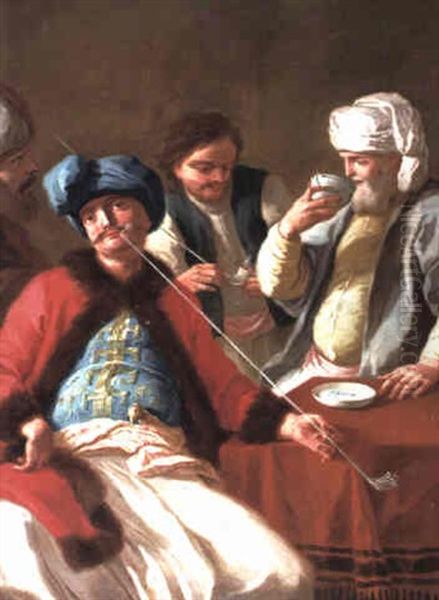 Four Oriental Men Smoking And Drinking Chocolate At A Table Oil Painting by Giovanni Antonio Pellegrini