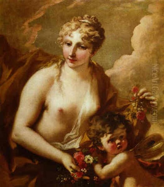 Flora Und Zephyr, Der Junge Windgott Mit                    Schmetterlingsflugeln, Liebkost Die Gottin Der Blumen Oil Painting by Giovanni Antonio Pellegrini