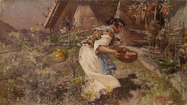 Contadina In Giardino Oil Painting by Riccardo Pellegrini