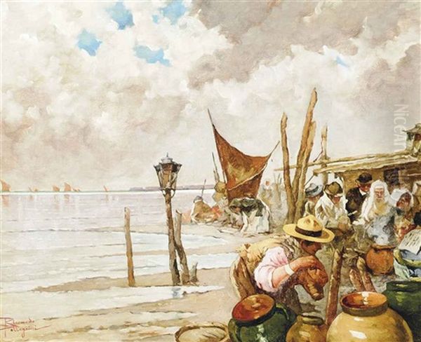 Peasants Cooking On The Venetian Lagoon Oil Painting by Riccardo Pellegrini