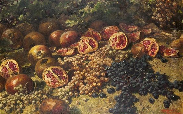 Natura Morta Con Uva E Melograni Oil Painting by Riccardo Pellegrini