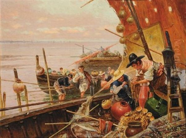 Scena Di Mercato Sulle Barche Oil Painting by Riccardo Pellegrini