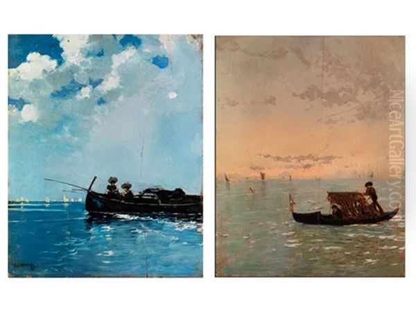 Gondel In Venezianischer Lagune (+ Boot Mit Zwei Damen; Pair) Oil Painting by Riccardo Pellegrini