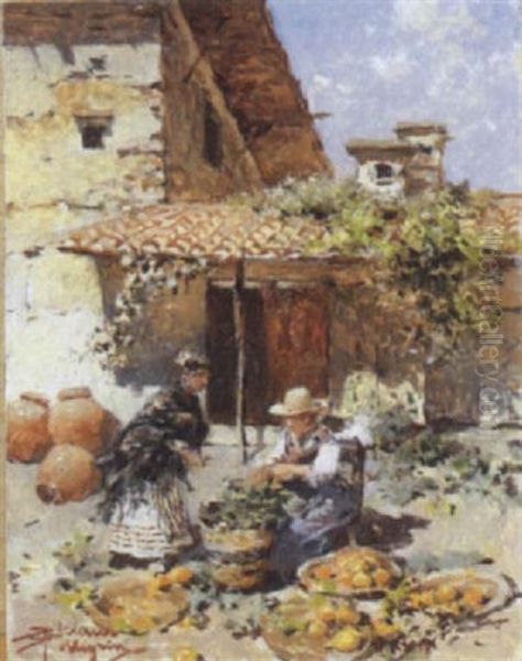 Venditore Nel Cortile Oil Painting by Riccardo Pellegrini