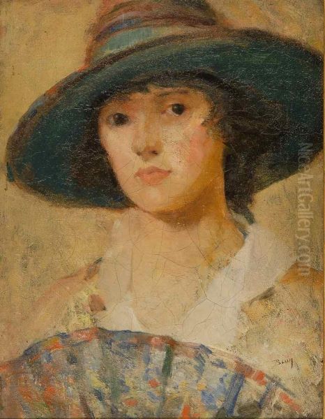 Lady With A Fan. Signed Lower Right Blum Oil Painting by Robert Frederick Blum