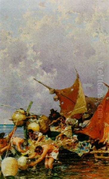 Fishermen Bringing In The Catch Oil Painting by Riccardo Pellegrini