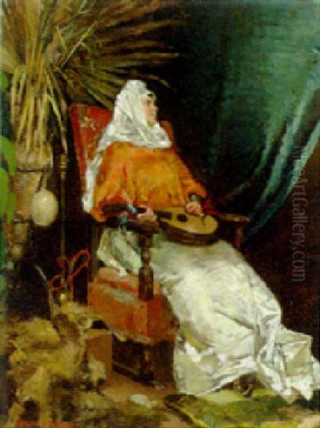 A Woman In An Oriental Interior With A Lute Oil Painting by Riccardo Pellegrini