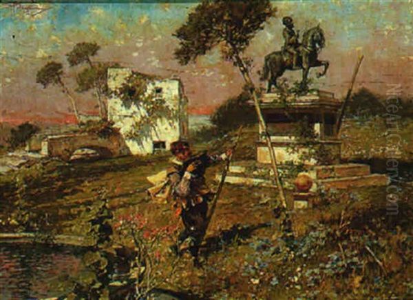 A Soldier In A Landscape Oil Painting by Riccardo Pellegrini