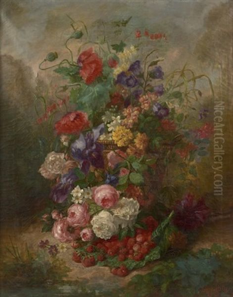 Jonchee De Fleurs, Raisins, Noix Et Peches Et Pampres De Vignes; Corbeille De Fleurs Et Fraises (2 Works) Oil Painting by Jules Antoine Pelletier