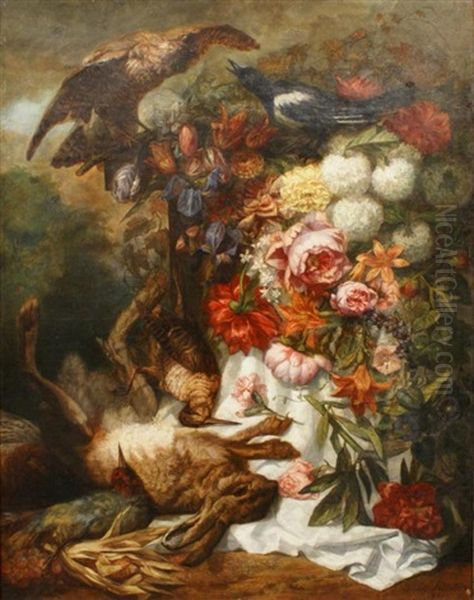 Stilleven Met Bloemen En Dode Haas Oil Painting by Jules Antoine Pelletier