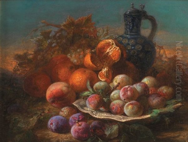 Prunes, Oranges Et Pichet En Gres Devant Un Paysage Oil Painting by Jules Antoine Pelletier