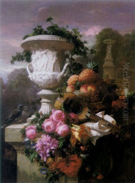 Still Life Of Flowers And Fruit With Medici Vase And Mandoline Oil Painting by Jules Antoine Pelletier