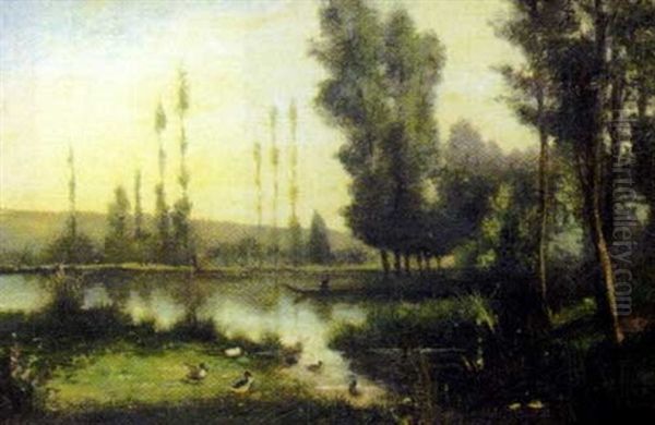 Bord De L'etang, Pecheur Et Canards Oil Painting by Leonce Pelletier