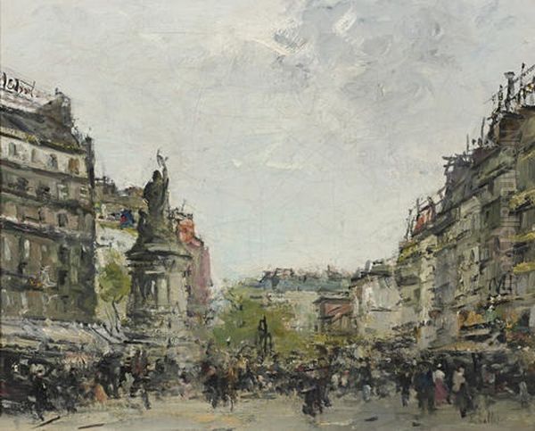 A Busy Paris Street Oil Painting by Pierre Jacques Pelletier