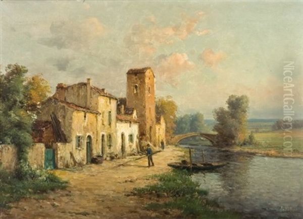 Riviere Du Midi Avec Barques, Encadree De Maisons (+ Riviere Du Midi Avec Rue De Village; Pair) Oil Painting by Pierre Jacques Pelletier