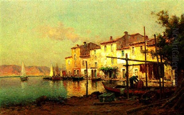 Fishing Village At Sunset Oil Painting by Pierre Jacques Pelletier