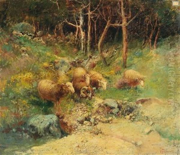 Forest Landscape With Flock Of Sheep Oil Painting by Tito Pellicciotti