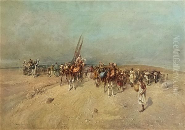 A Caravan In The Desert Oil Painting by Tito Pellicciotti