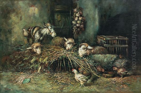 Interno Della Stalla Olio Su Tavola Cm. 59 Oil Painting by Tito Pellicciotti