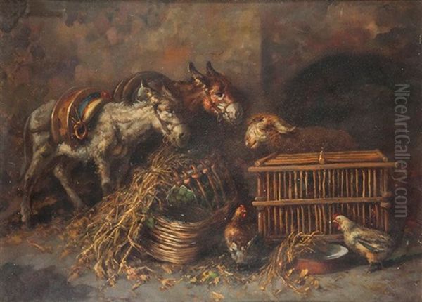 Interno Di Stalla Con Asini, Galline E Ariete Oil Painting by Tito Pellicciotti