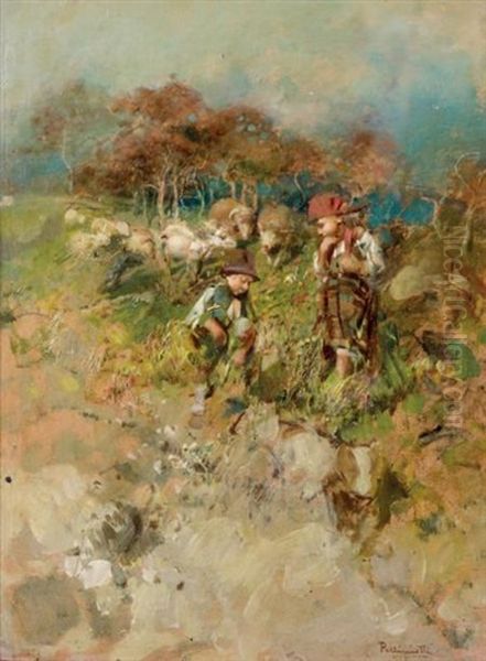 Les Bergeres Des Abruzzes Oil Painting by Tito Pellicciotti