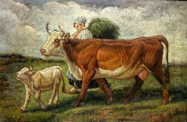 Contadina De ..... (the Young Farmer) Oil Painting by Tito Pellicciotti