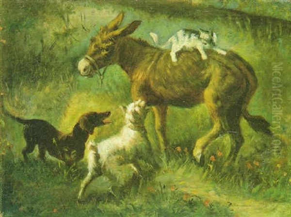 Due Cani Che Abbaino A Un Gatto Che Si E Refugiato Sul Dorso Di Un Asino Oil Painting by Tito Pellicciotti