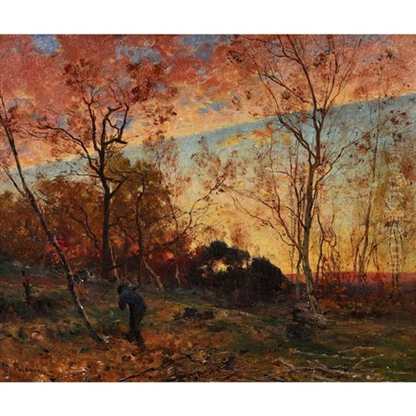 Abendlandschaft Am Waldrand Mit Holzsammler by Leon Germain Pelouse