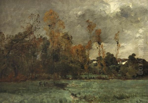 A Landscape Under Darkening Skies, Thought To Be Rochefort-en-terre, Brittany Oil Painting by Leon Germain Pelouse