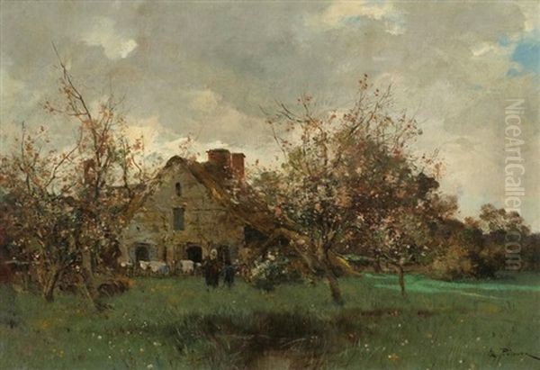 Bauernhof Mit Bluhenden Baumen Im Vordergrund Oil Painting by Leon Germain Pelouse